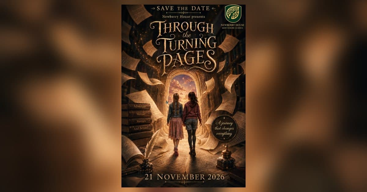 Through the Turning Pages poster: two learners walk through a doorway of flying book pages