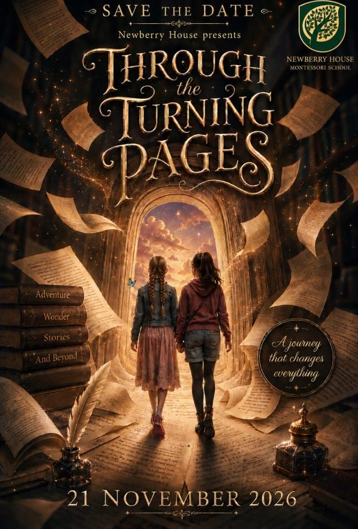 Through the Turning Pages poster: two learners walk hand in hand through a doorway of flying book pages towards a sunset sky, with the date 21 November 2026